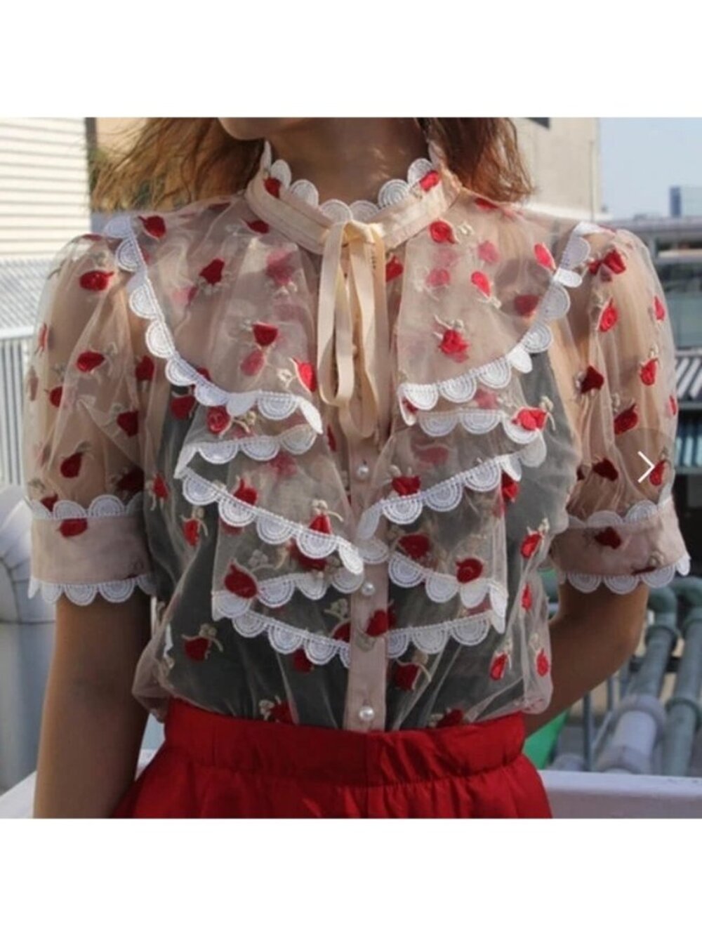 Sister Jane rare blouse sheer with Lace roses print size small